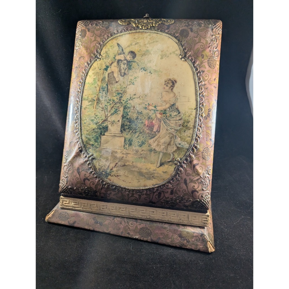Antique Victorian Celluloid Photo Album Standing Easel Romantic Garden Scene
